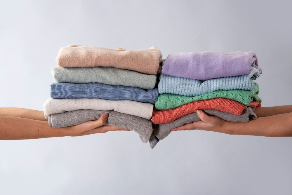 Clean folded laundry prepared for wash, dry, and fold pickup