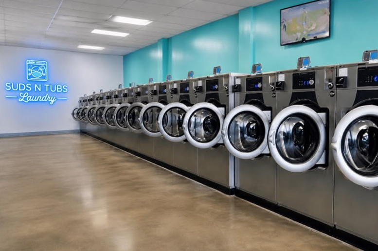 Self-service washer and dryer rows inside Suds N Tubs